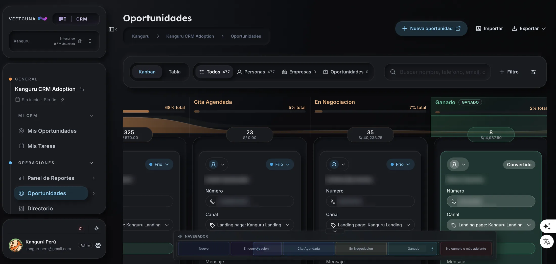 Kangurú CRM opportunities board in Kanban view with 477 leads across the stages Cita Agendada, En Negociacion and Ganado, all tagged with the Kangurú landing page as channel