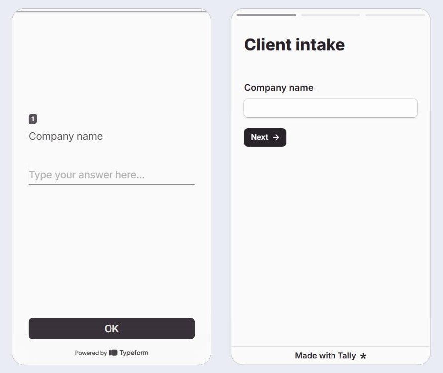 Typeform and Tally live forms side by side at phone width, Typeform with a large OK button at the bottom, Tally with a Next button under the field