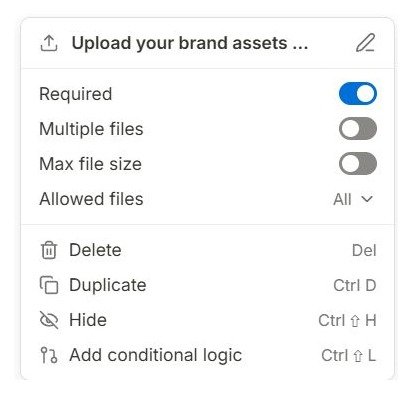 Tally file upload block menu showing Required, Multiple files, Max file size, Allowed files, Delete, Duplicate, Hide and Add conditional logic