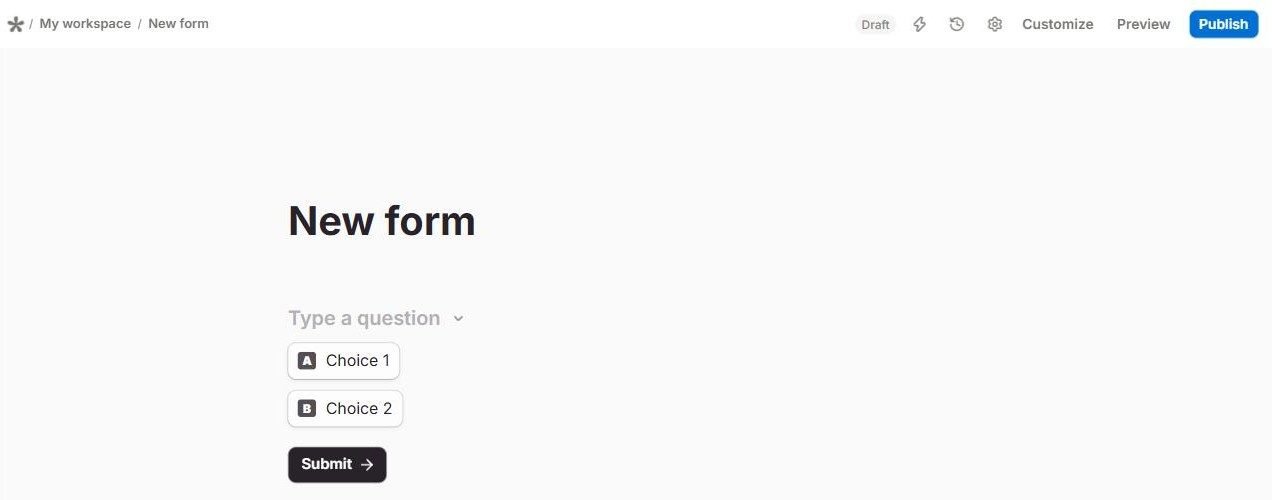 Tally editor after importing an unpublished Typeform, showing only a form title and an empty question with Choice 1 and Choice 2