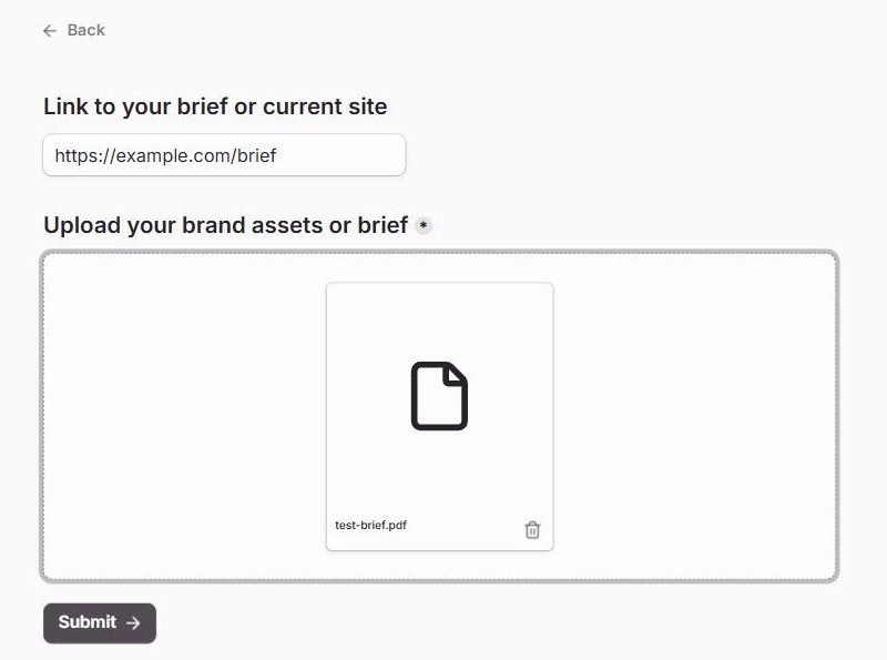 Live Tally form with a PDF named test-brief.pdf attached to the upload field, above the Submit button
