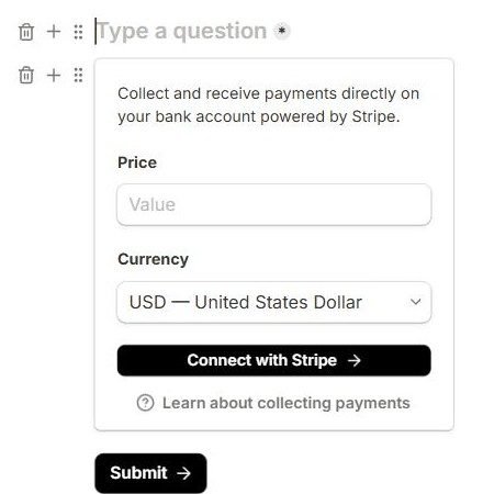 Tally payment block with Price and Currency fields and a Connect with Stripe button