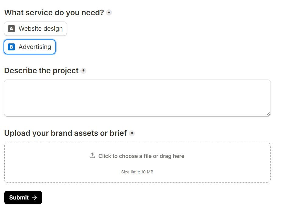 Tally respondent preview with Advertising selected, showing the file upload field still visible and still marked required
