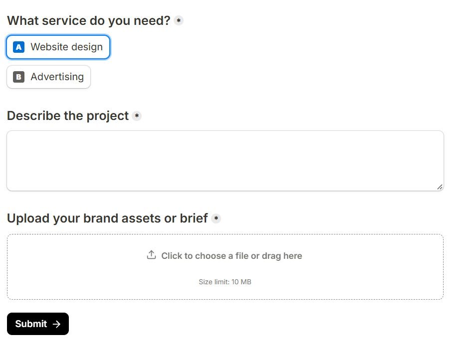 Tally respondent preview with Website design selected, showing the upload field correctly revealed