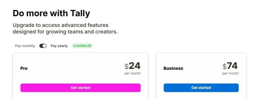 Tally pricing page captured by the Wayback Machine on 16 September 2026, yearly view, showing Pro at $24 per month and Business at $74 per month