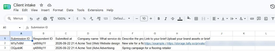 Google Sheet named Client intake with two rows of Tally submissions, including company name, service, project description and a file link