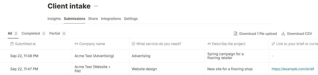 Tally Submissions tab showing two completed entries, one Advertising and one Website design, and a Download 1 file upload button