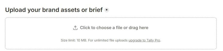 Tally file upload block showing Size limit 10 MB and a link to upgrade to Tally Pro for unlimited file uploads