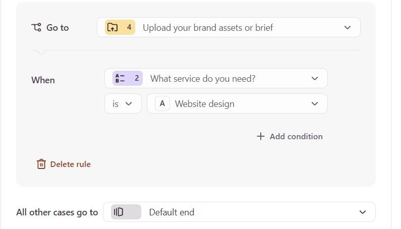 Typeform Branching panel with Go to set to the upload question, a When condition on the service question, and All other cases go to set to Default end