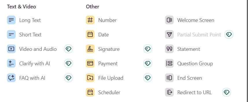 Typeform Add form elements panel showing upgrade badges beside File Upload, Signature, Payment and other elements