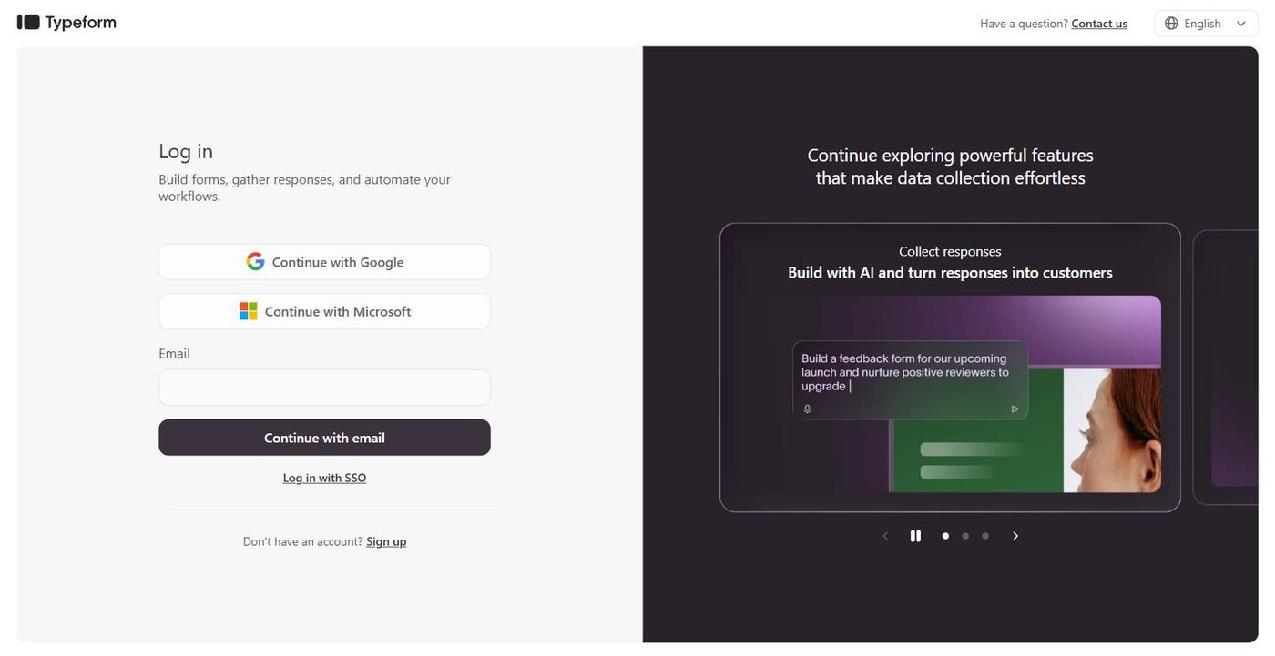 Typeform login screen shown after opening admin.typeform.com/create while signed out