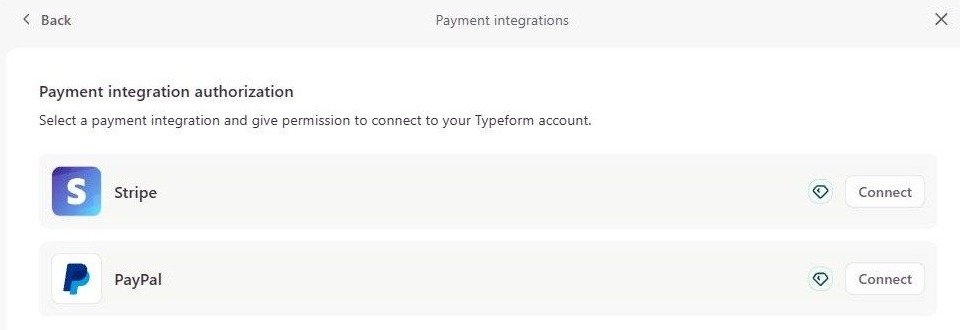 Typeform Payment integrations panel with Stripe and PayPal, each marked with the paid-plan badge