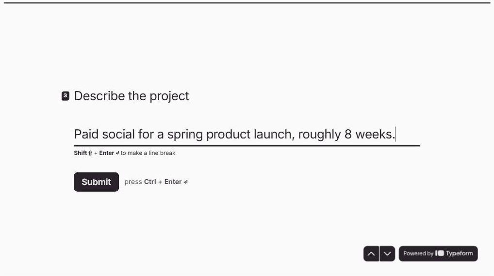 Typeform preview on the Advertising path showing the third question with a Submit button and a full progress bar