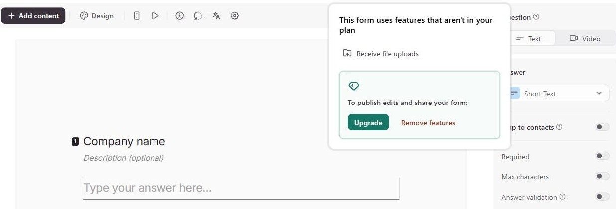 Typeform panel reading This form uses features that aren't in your plan, Receive file uploads, with Upgrade and Remove features buttons